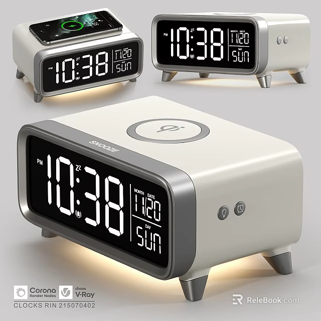 Modern Digital Alarm Clock With LED Time Date Day Display White Gray Design 3d model