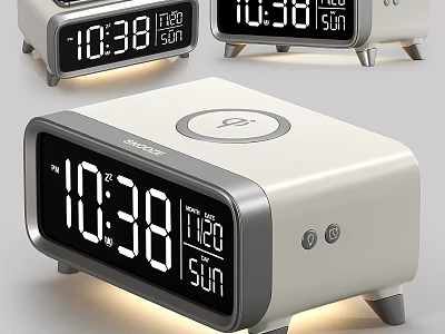 Modern Digital Alarm Clock With LED Time Date Day Display White Gray Design 3d model