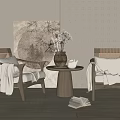 Rattan Leisure Chairs With White Cushions And Blanket By Round Table With Vase And Artwork