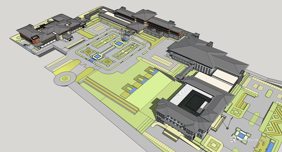 Traditional Style Office Building With Modern Courtyard And Green Space Layout 3d model