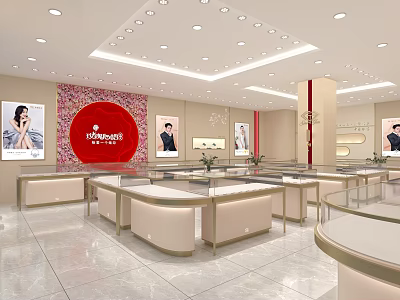 Elegant Jewelry Store Interior With Bright Lighting Display Counters Tile Flooring And Wall Posters 3d model