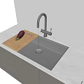 Modern Kitchen Faucet Over Sink With Wooden Cutting Board Eggplant Light Countertop And Gray Cabinets