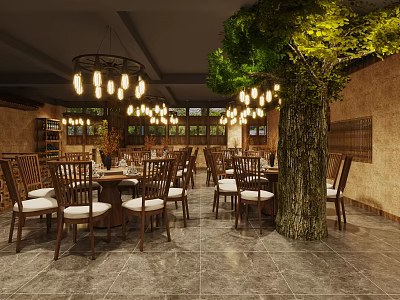 Warm Rustic Restaurant Interior With Wooden Tables Chairs Chandeliers And Indoor Tree 3d model