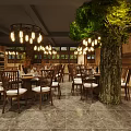 Warm Rustic Restaurant Interior With Wooden Tables Chairs Chandeliers And Indoor Tree