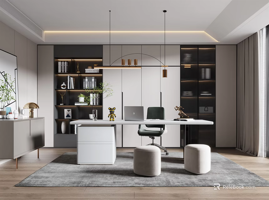 Modern Study Room Interior With White Desk Bookshelves Pendant Lights Rug And Plants 3d model 