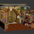 Cartoon Wooden Store Scene With Double Doors Barrels Shelves And Red Checkered Carpet