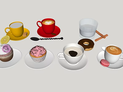 Assorted Beverages Coffee Tea in Colorful Cups with Lemon Cinnamon and Desserts Cupcakes Donuts Macarons 3d model