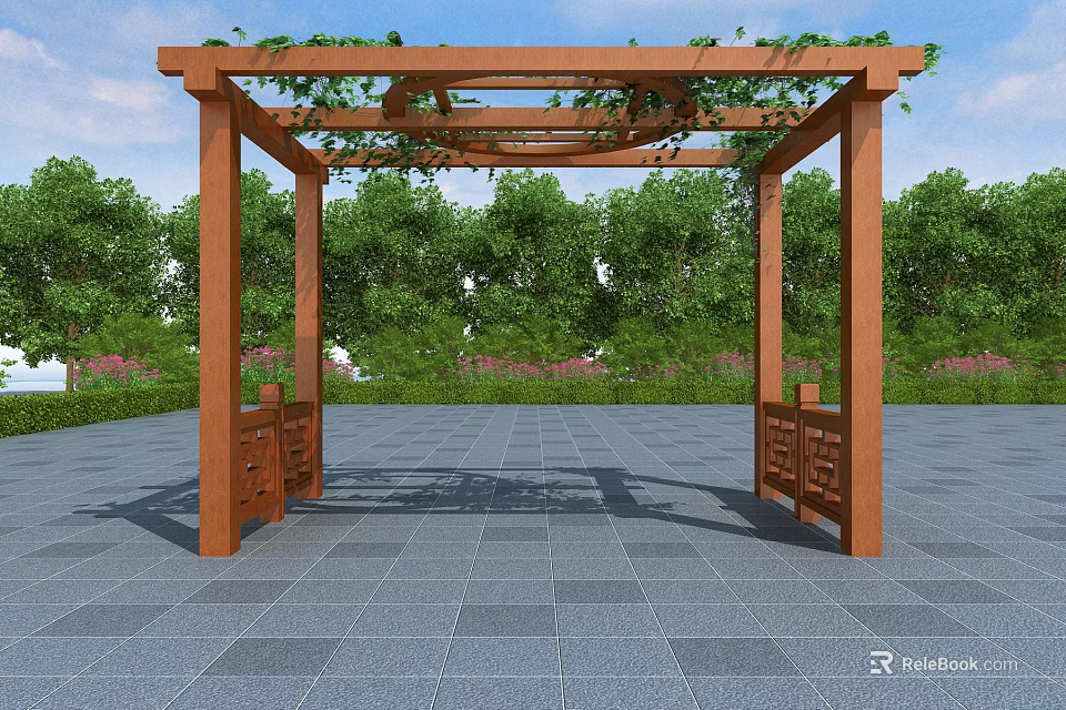Wooden Outdoor Pergola With Green Vines And Surrounding Trees On Stone Pavement 3d model 