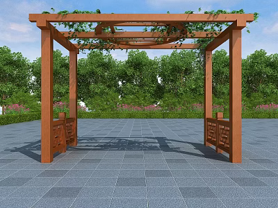 Wooden Outdoor Pergola With Green Vines And Surrounding Trees On Stone Pavement 3d model