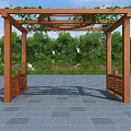 Wooden Outdoor Pergola With Green Vines And Surrounding Trees On Stone Pavement