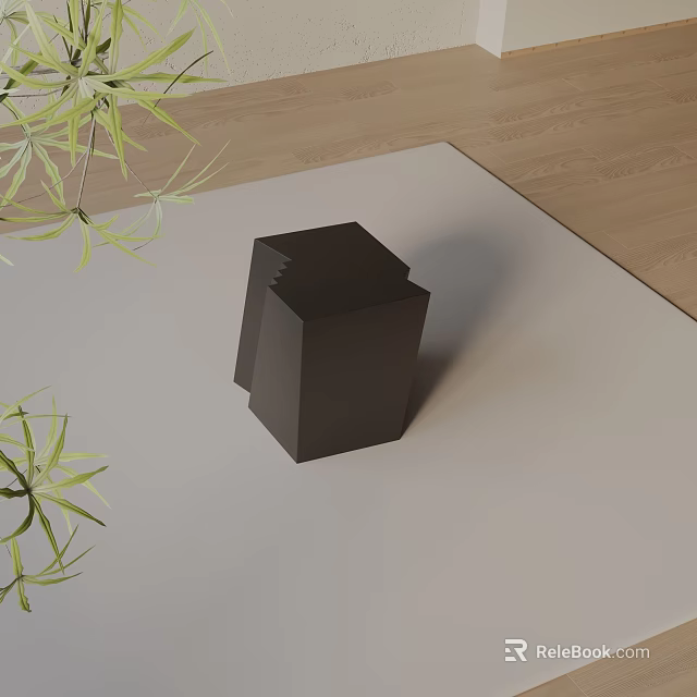Black Side Table On Light Colored Rug With Green Plant Leaves And Wooden Floor 3d model 