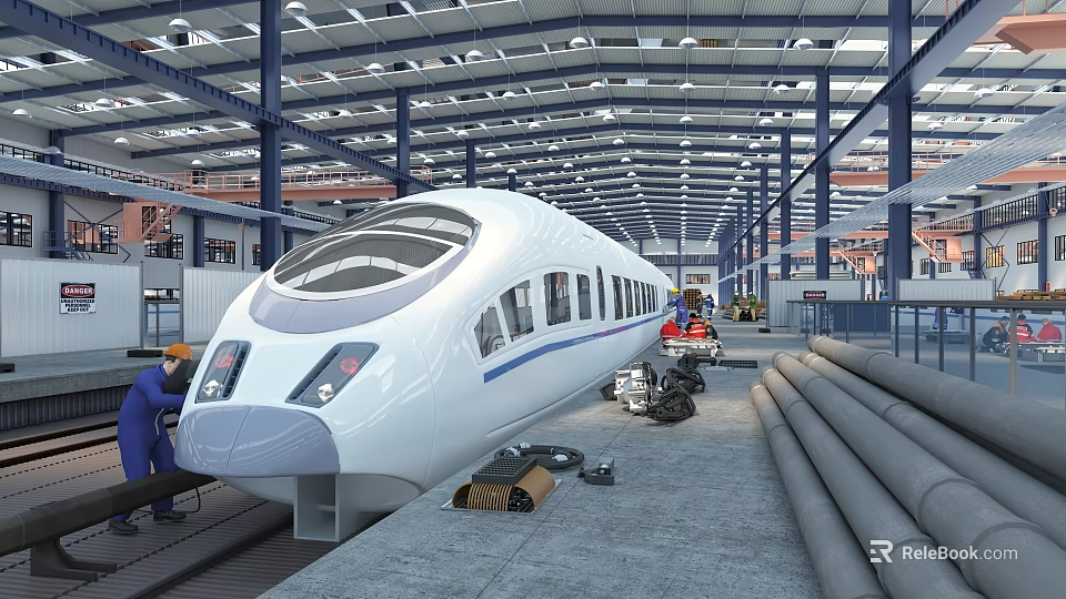 High Speed Train Under Maintenance In Factory With Workers And Equipment 3d model 