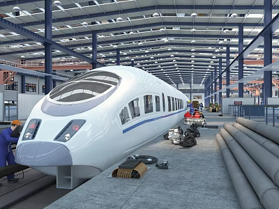 High Speed Train Under Maintenance In Factory With Workers And Equipment 3d model