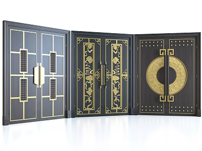 Chinese Style Black and Gold Double Doors with Ornate Patterns and Circular Design 3d model