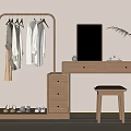 Natural Wood Dressing Table Interior With Mirror Stool Drawers And Clothes Rack 3d model