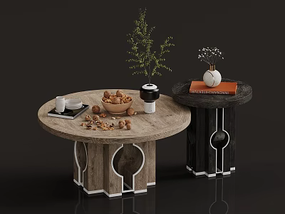 Contemporary Round Tables Featuring Nuts Coffee Cup Book Vase And Flowers 3d model