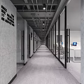 Modern IT Office Corridor With Gray Walls Red Glass Partitions And Green Plant
