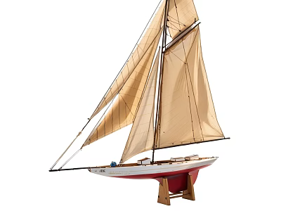 Wooden Sailboat Model Decorative Ornament with Beige Sails Red Hull and Stand 3d model