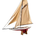 Wooden Sailboat Model Decorative Ornament with Beige Sails Red Hull and Stand