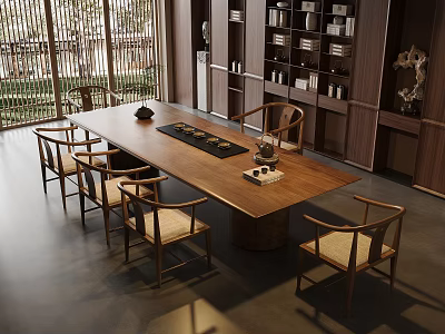 Tranquil Tea Room With Long Wooden Table Wooden Chairs Bookshelves Tea Sets And Natural View 3d model