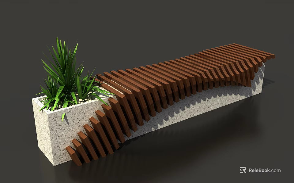 Modern Outdoor Bench With Wooden Slats And Concrete Base Near Green Plant 3d model 