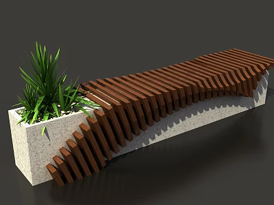 Modern Outdoor Bench With Wooden Slats And Concrete Base Near Green Plant 3d model