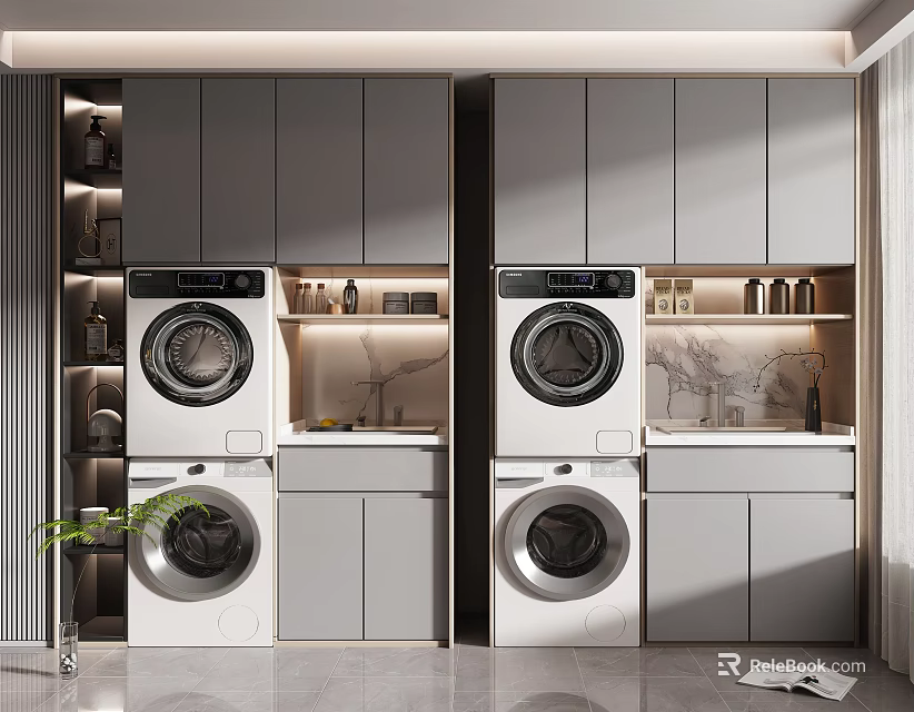 Modern Bathroom Cabinetry With Double Washer White Cabinetry And Marble Countertop Storage 3d model 