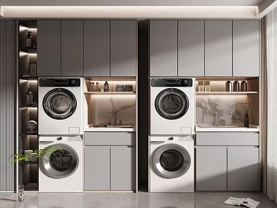Modern Bathroom Cabinetry With Double Washer White Cabinetry And Marble Countertop Storage 3d model