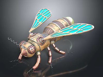 Steampunk Mechanical Bee With Copper Body Gears And Blue Patterned Wings 3d model