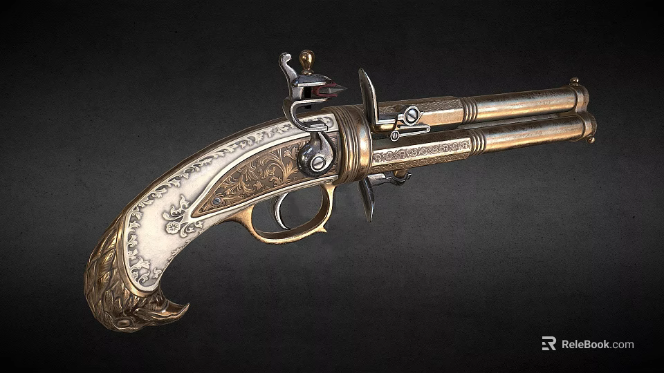 Vintage Flintlock Pistol with Engraved Ornate Design and Gold Silver Metal Antique Weapon 3d model 