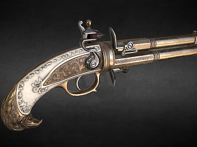 Vintage Flintlock Pistol with Engraved Ornate Design and Gold Silver Metal Antique Weapon 3d model