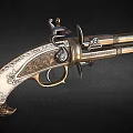 Vintage Flintlock Pistol with Engraved Ornate Design and Gold Silver Metal Antique Weapon