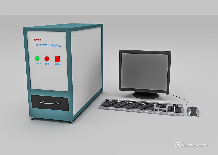 Research Computer Equipment with Blue and White Casing Control Panel Monitor Keyboard Mouse 3d model 
