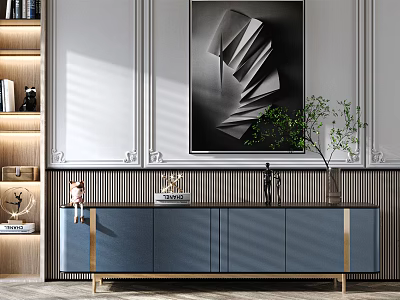 Blue TV Cabinet With Golden Frame Decorative Painting Green Plant And Decorative Items 3d model