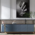Blue TV Cabinet With Golden Frame Decorative Painting Green Plant And Decorative Items