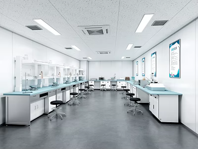 Modern Laboratory Interior With White Walls Blue Lab Benches Stools Cabinets And Ceiling Lights 3d model