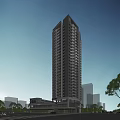 High Rise Modern Residential Building With Glass Curtain Wall And Surrounding Trees
