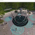 Metal Sculpture With Spherical Rings In Plaza Blue Ground Patterns And People Near Green Trees