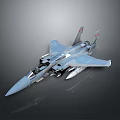 Silver Military Fighter Jet Aircraft With Wings Tail Fins And Mounted Weapons On Gray Background