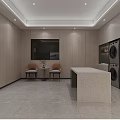 Modern Laundry Room Interior With Washing Machines Dryers Storage Cabinets And TV