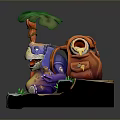 Purple Creature Character Sitting On Stone Slabs With Green Leaf Grass And Backpack Hut