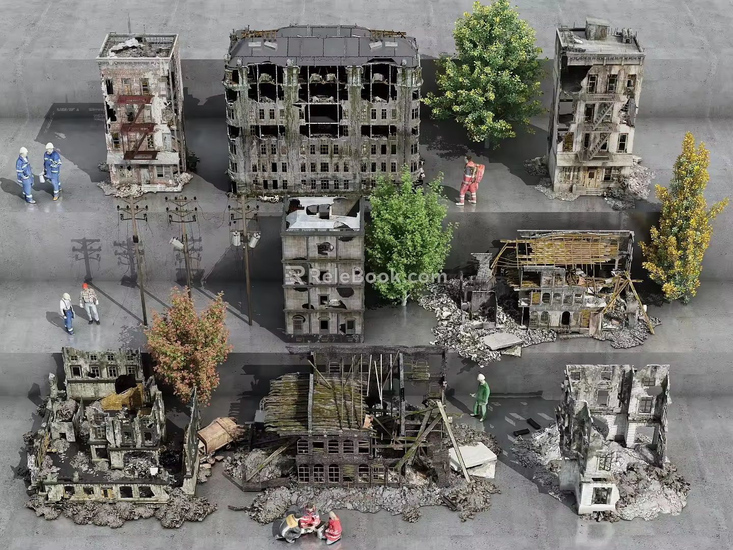 Building ruins combination post-war ruins building ruins factory site ruins game scene site workers 3d model