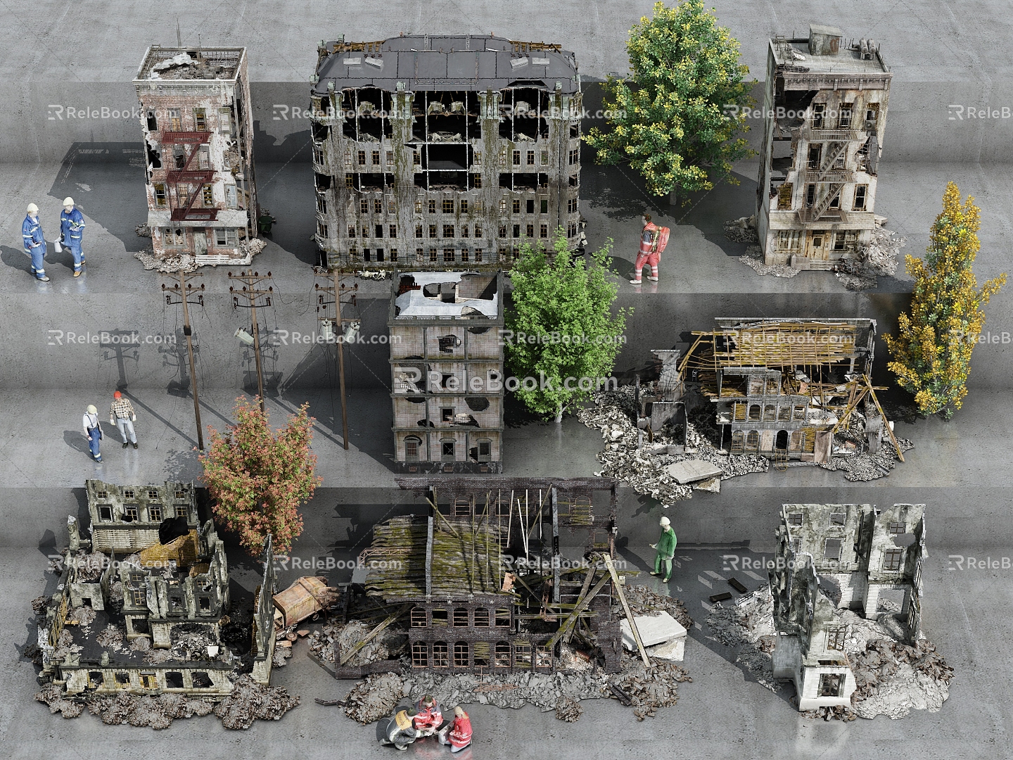 Building ruins combination post-war ruins building ruins factory site ruins game scene site workers 3d model