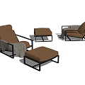 Modern Brown Upholstered Lounge Chair Set With Black Metal Frame And Ottoman