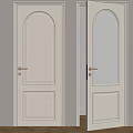 White Arched Top Swing Doors With Ribbed Glass And Gold Handles On Light Colored Wall