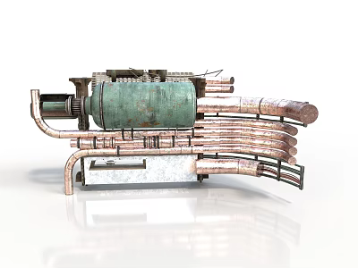 Industrial Mechanical Equipment Featuring Green Cylindrical Component Copper Pipes And Metal Frame 3d model