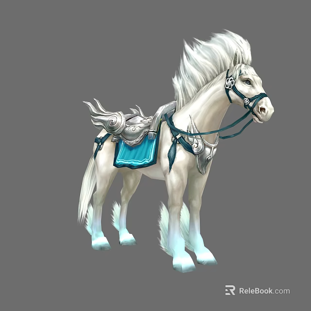 Ornate White Horse With Blue Saddle Flowing Mane And Decorative Gear 3d model 
