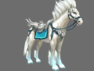Ornate White Horse With Blue Saddle Flowing Mane And Decorative Gear 3d model