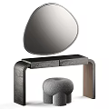 Black Wooden Dressing Table With Teardrop Shaped Mirror And Grey Velvet Stool