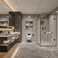 Modern Gray Marble Bathroom With Glass Shower Enclosure Double Vanity Wall-Mounted Shelves And Smart Toilet